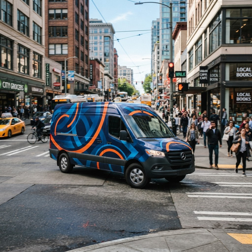 A business's delivery van wrapped in deep navy and electric blue with orange accents driving through a busy downtown intersection, seen by pedestrians and drivers