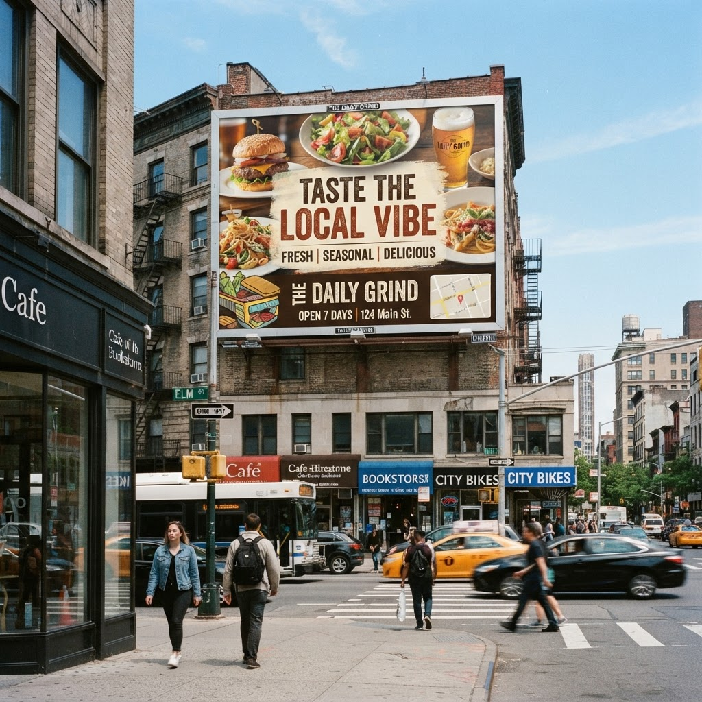 Downtown bulletin billboard advertising a local restaurant