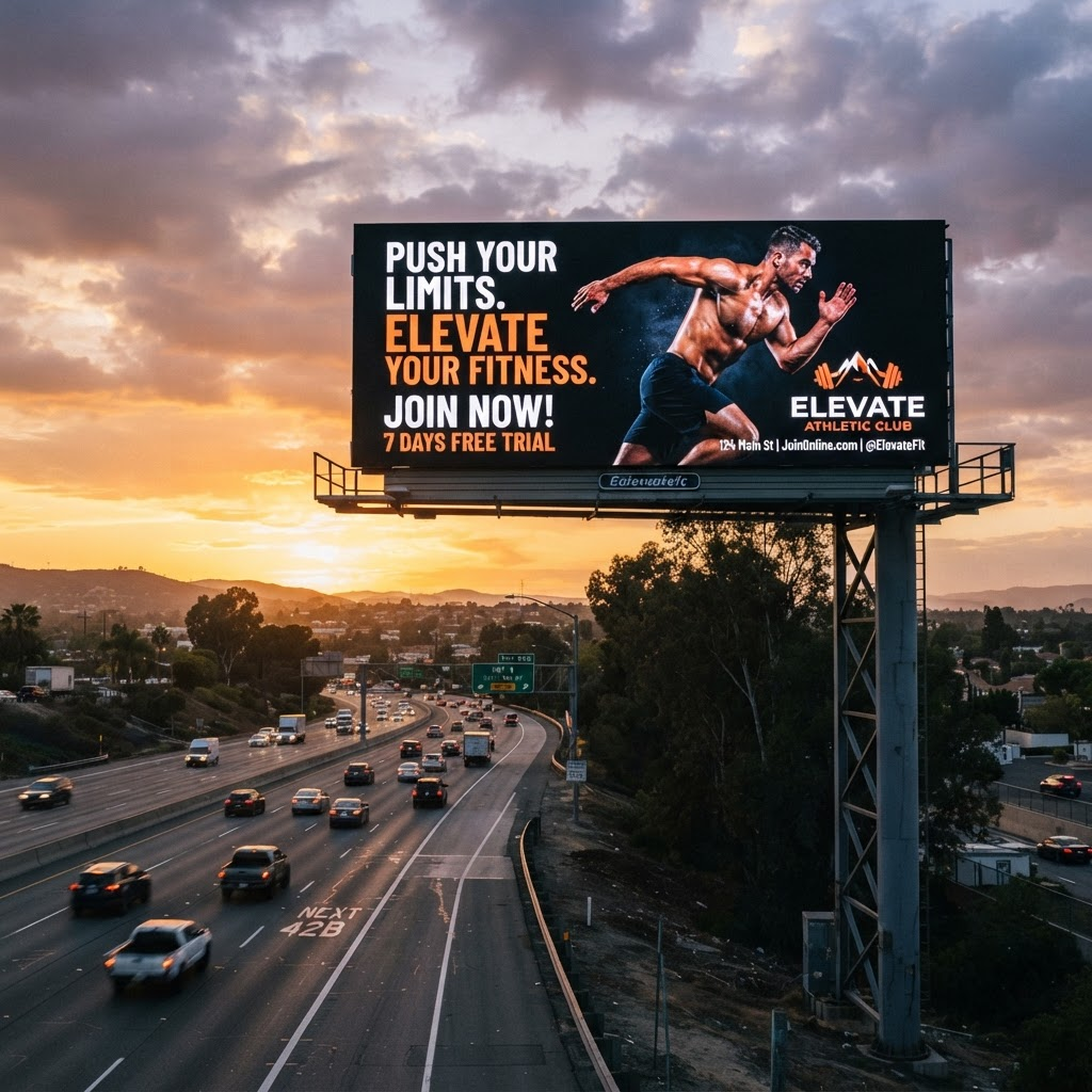 Digital highway billboard advertising a local gym at golden hour