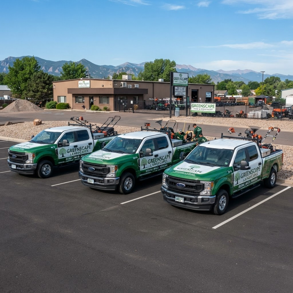 Fleet of three matching pickup trucks with green and white landscaping wraps