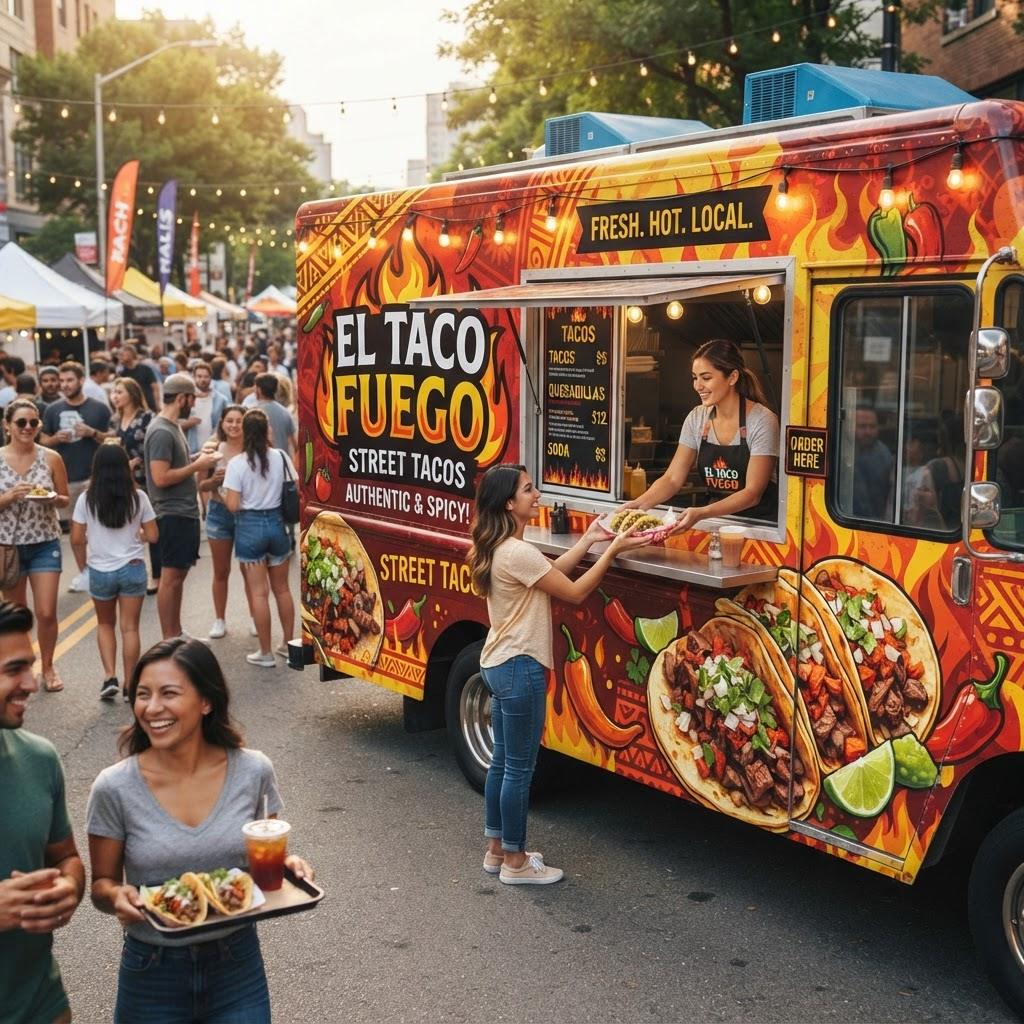 Food truck with a vibrant red and yellow taco-business wrap