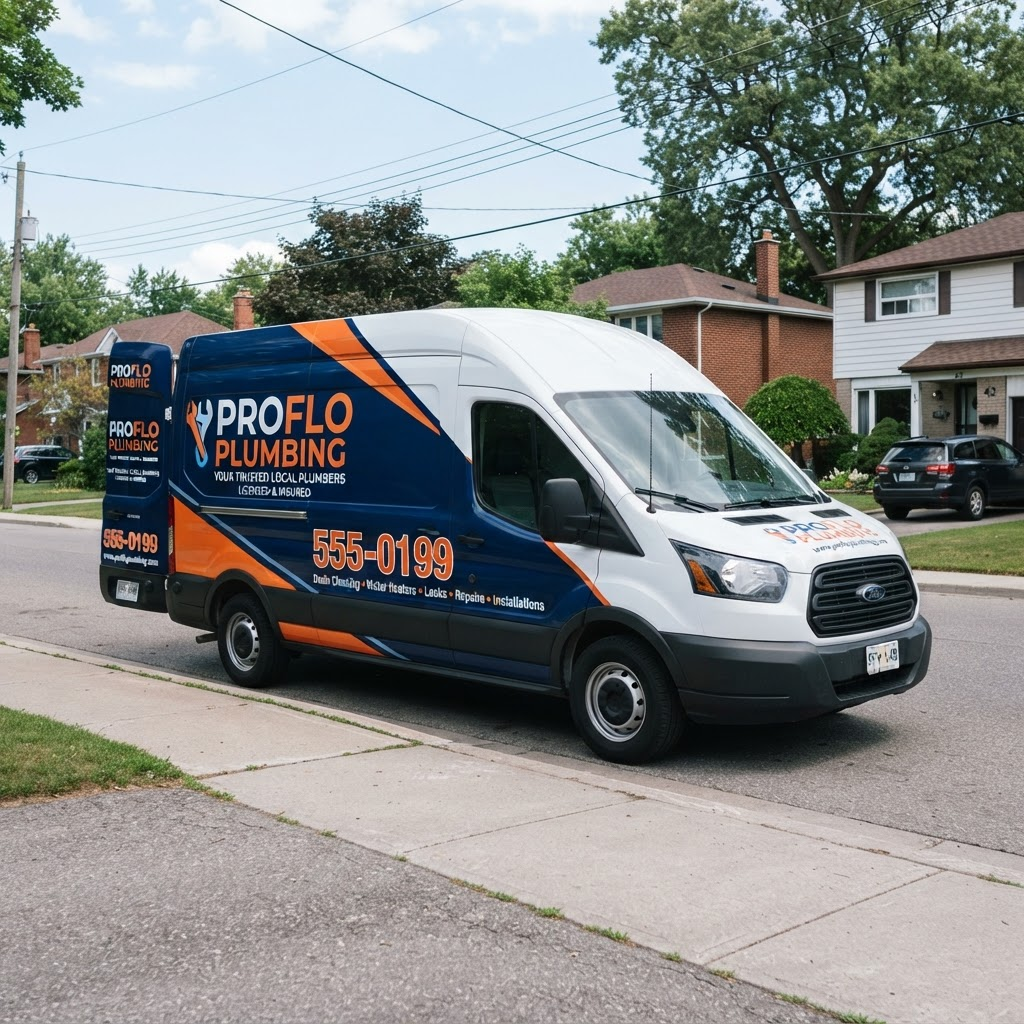 White work van with a navy and orange full plumbing-company wrap