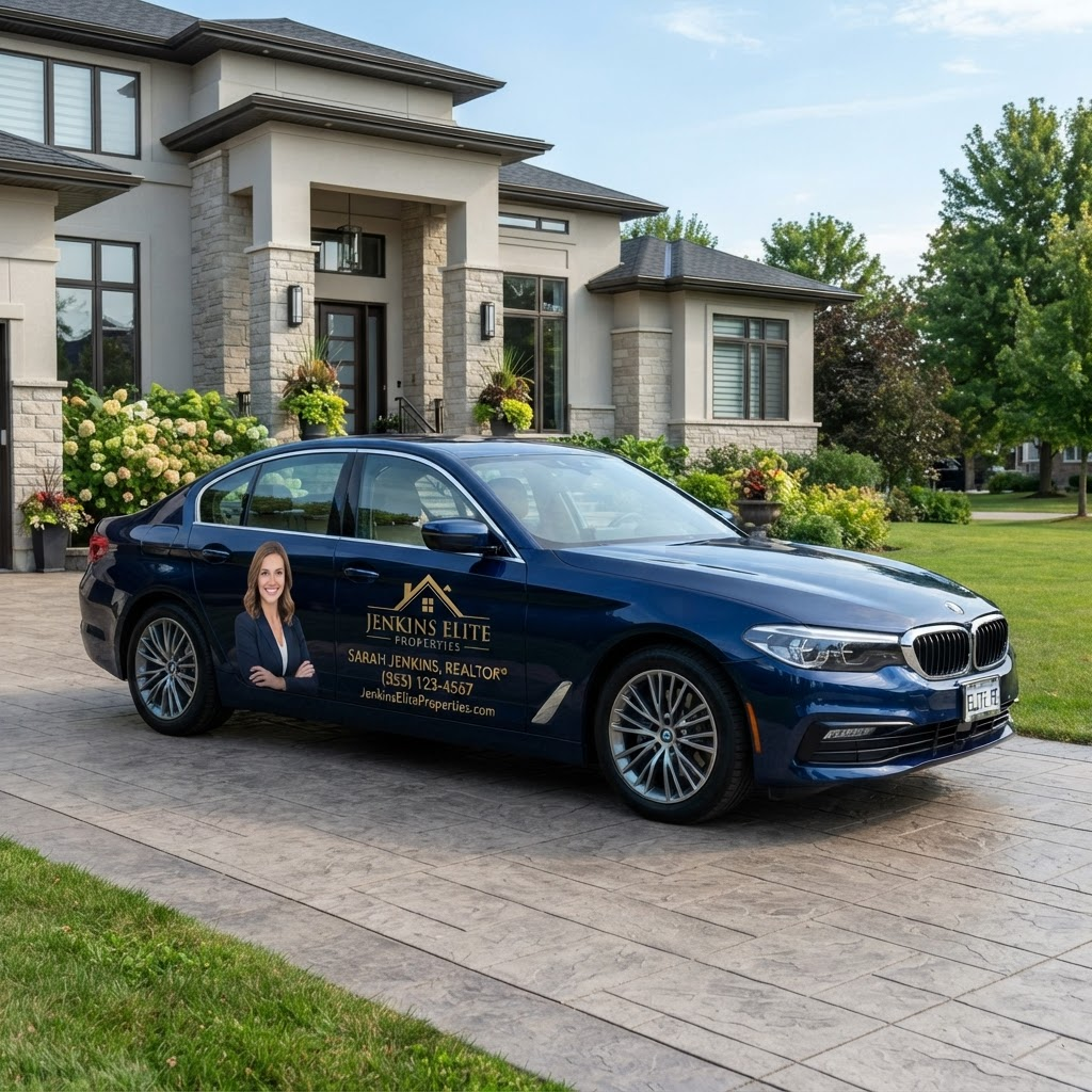 Sedan with an elegant blue and gold partial wrap for a real estate agent